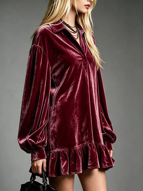 Full Size Velvet Long-Sleeve Ruffle Hem Mini Dress Plus Size