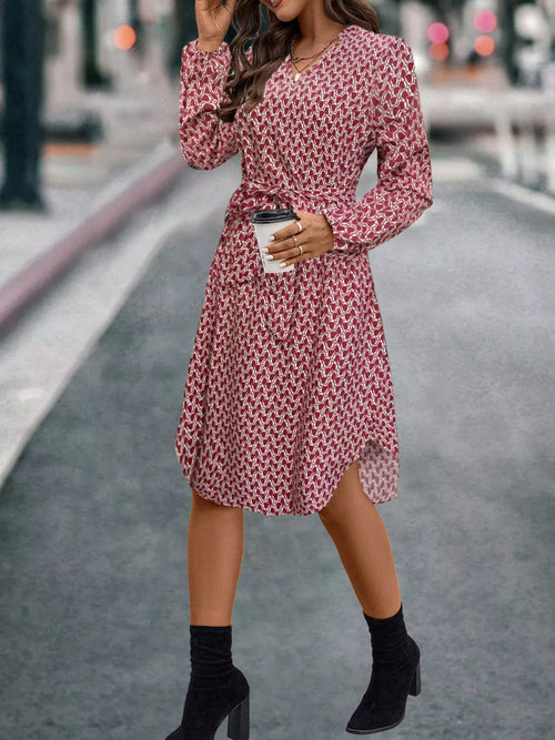 V-Neck Long Sleeve Printed Dress