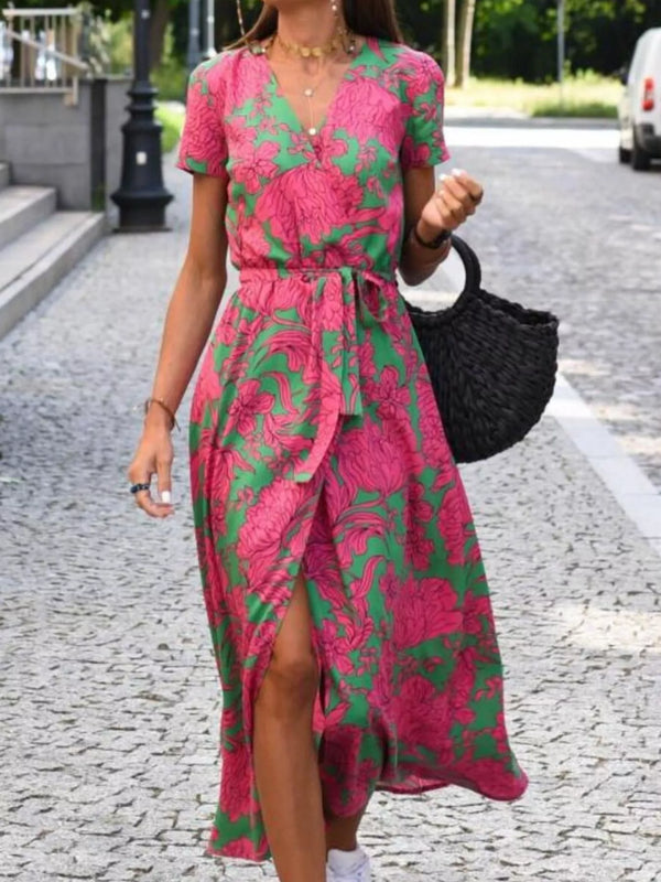 Full Size Slit Floral Print Short Sleeve Dress Plus Size