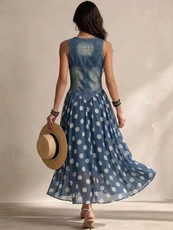 Polka Dot Denim Bodice Sleeveless Maxi Dress