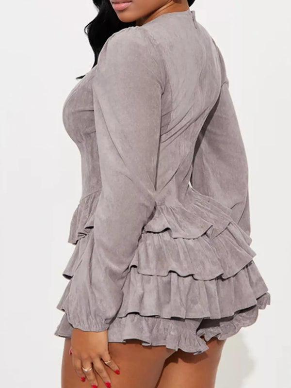 Lace-Up Ruffle Hem Long Sleeve Mini Dress
