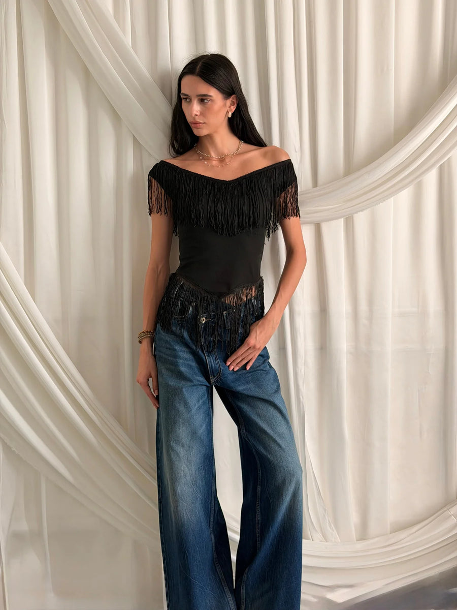 Luxe Black Fringe Top