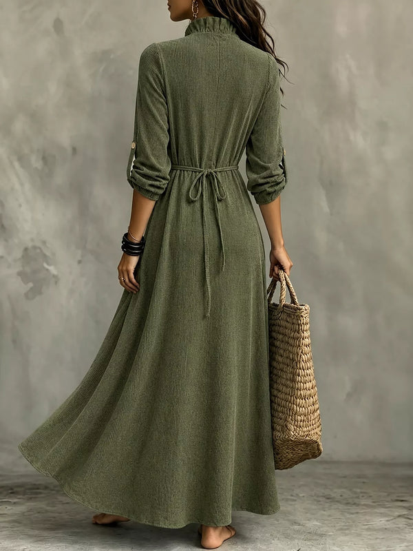 Full Size V-Neck Maxi Dress with Roll-Up Sleeves Plus Size