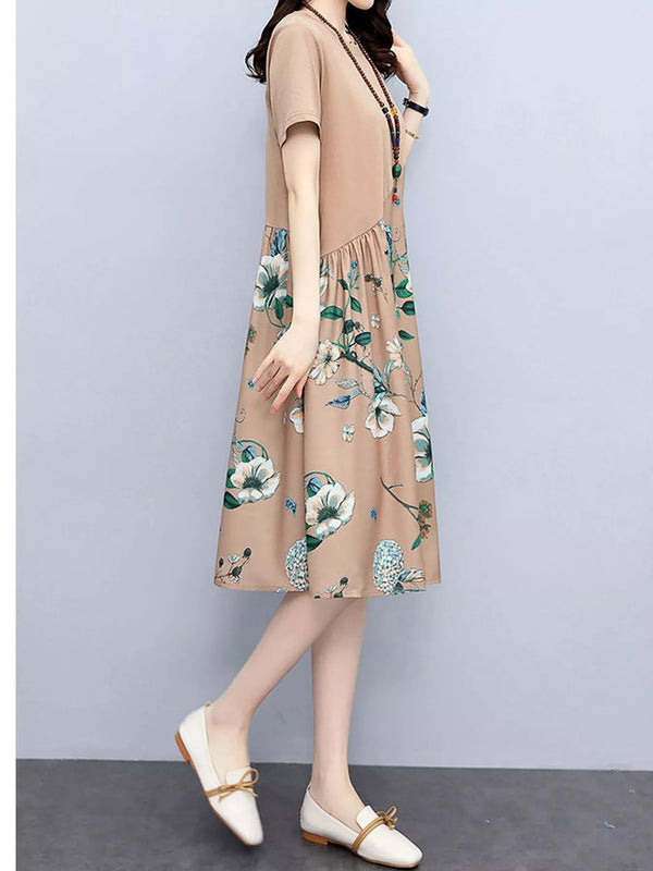 Plus Size Floral Print A-Line Midi Dress with Asymmetric Button Detail