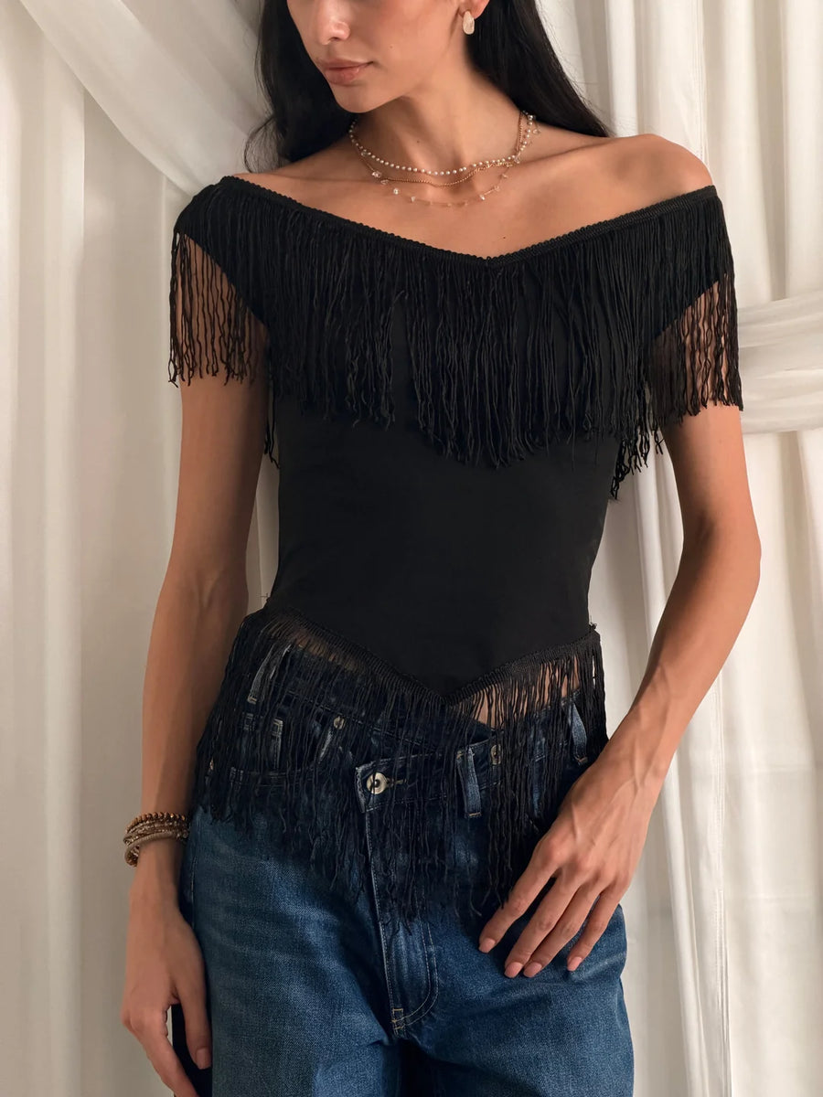Luxe Black Fringe Top