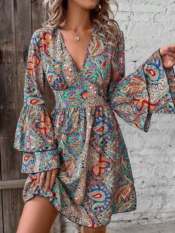 Paisley Print V-Neck Bell Sleeve Mini Dress