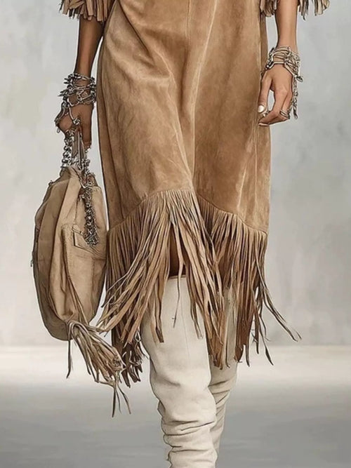 Fringed Round Neck Midi Dress