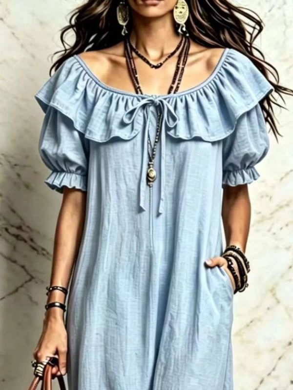 Ruffle Trim Puff Sleeve Maxi Dress