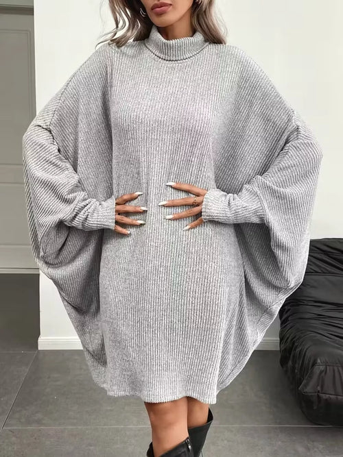 Oversized Batwing Sleeve Ribbed Knit Turtleneck Dress