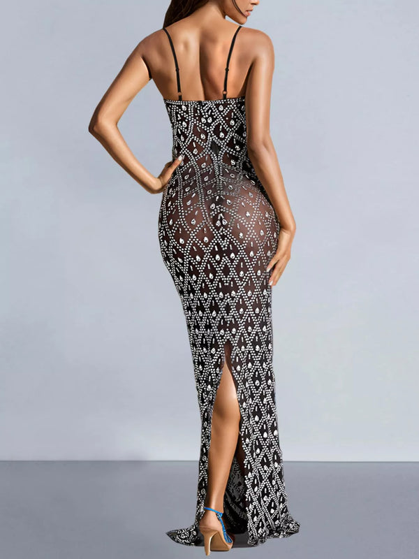 Glamorous Rhinestone Embellished Sheer Mesh Maxi Dress