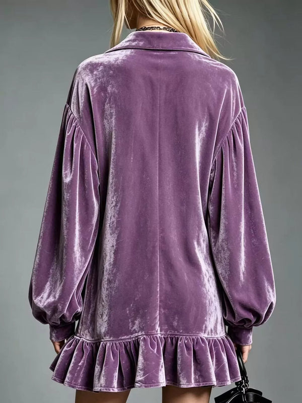 Full Size Velvet Long-Sleeve Ruffle Hem Mini Dress Plus Size