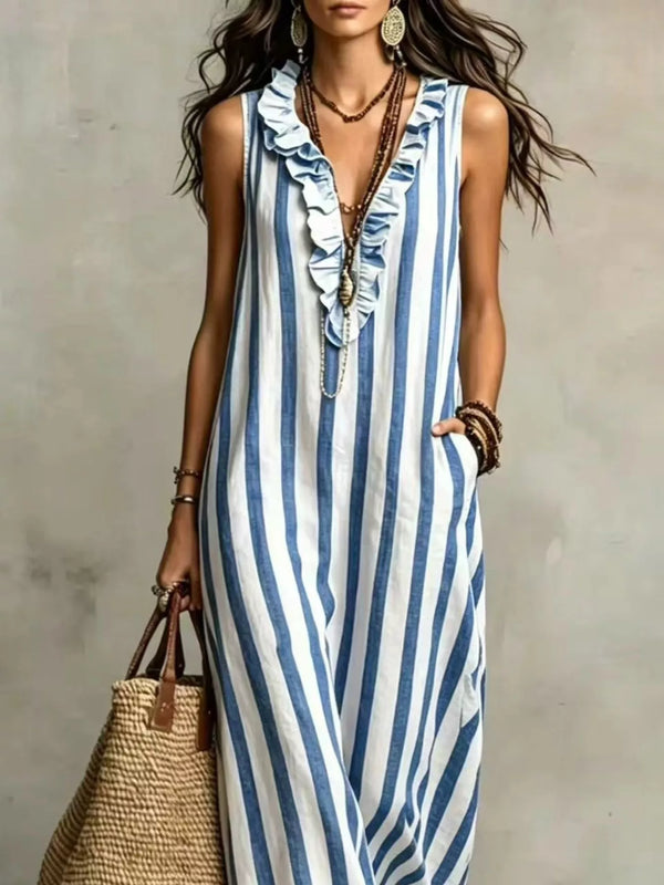 Full Size Sleeveless Striped Ruffle V-Neck Maxi Dress Plus Size