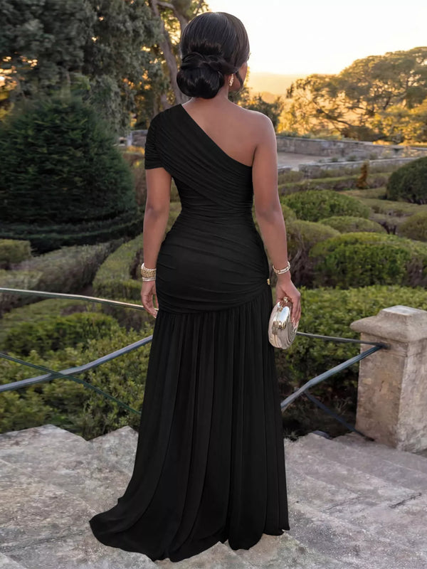 One-Shoulder Ruched High-Slit Evening Dress