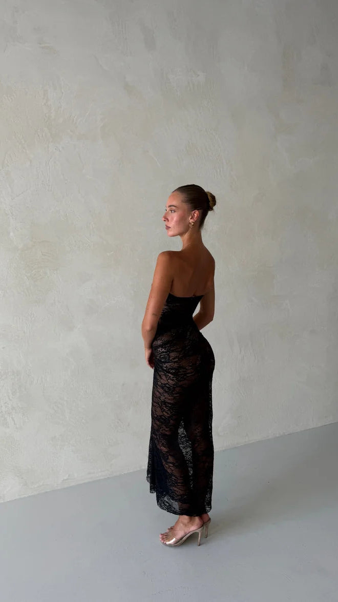LACE Ruched Strapless Midi