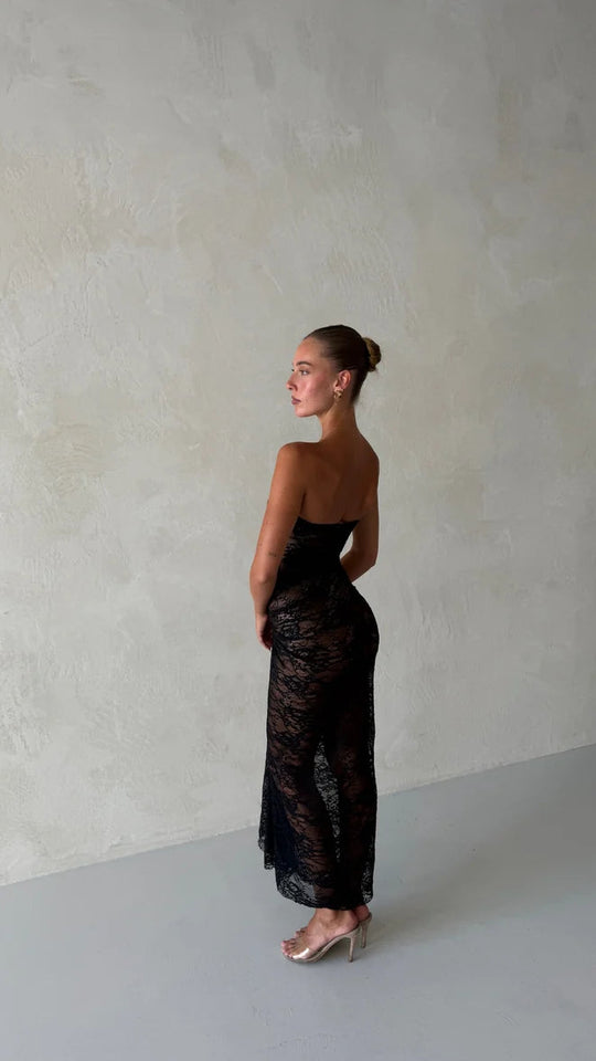 LACE Ruched Strapless Midi