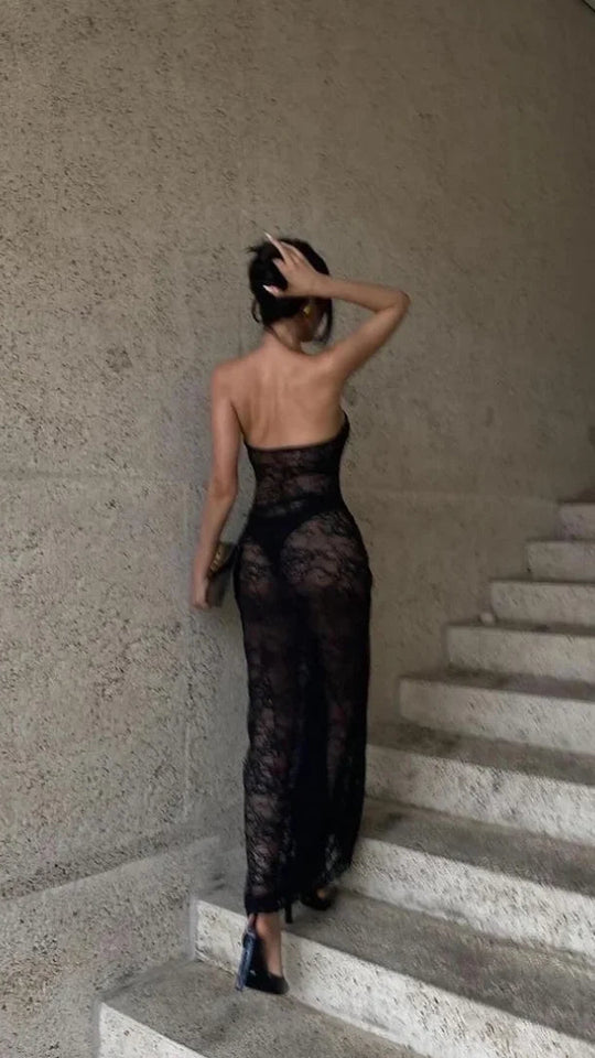 LACE Ruched Strapless Midi