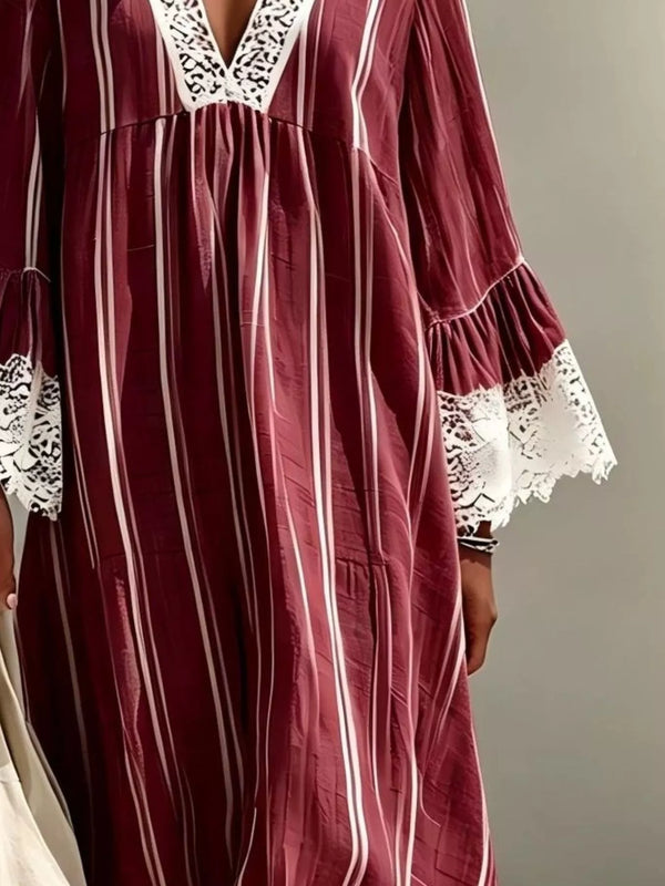 Lace Trim V-Neck Midi Dress