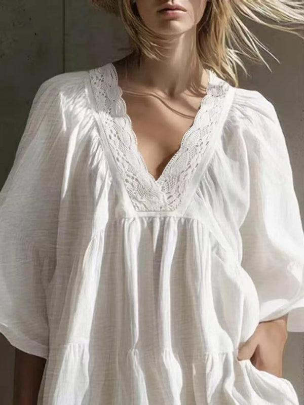 Full Size Lace Trim Puff Sleeve Mini Dress Plus Size