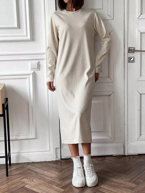 Round Neck Long-Sleeve Midi Dress