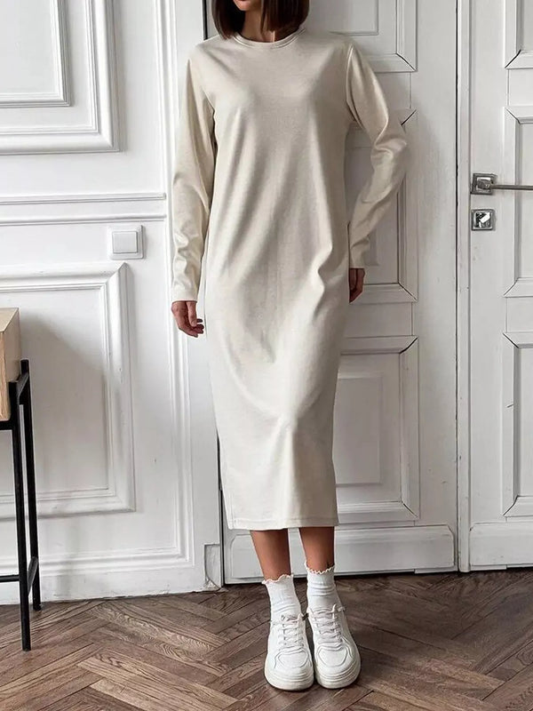 Round Neck Long-Sleeve Midi Dress