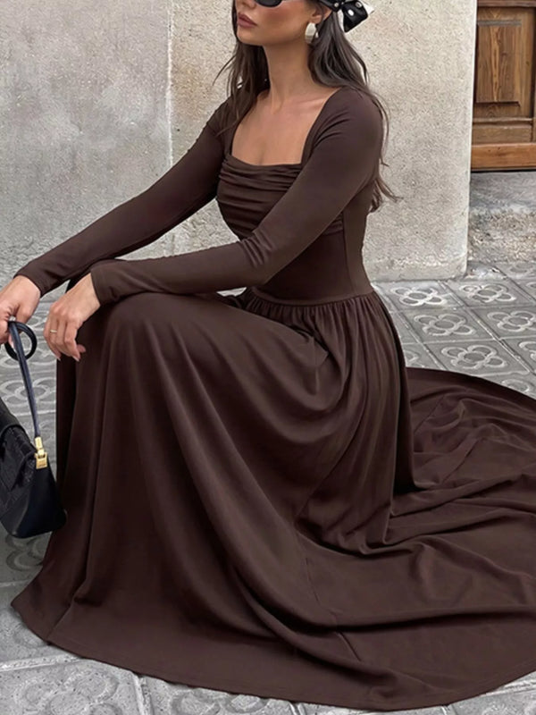 Ruched Square Neck Long Sleeve Maxi Dress