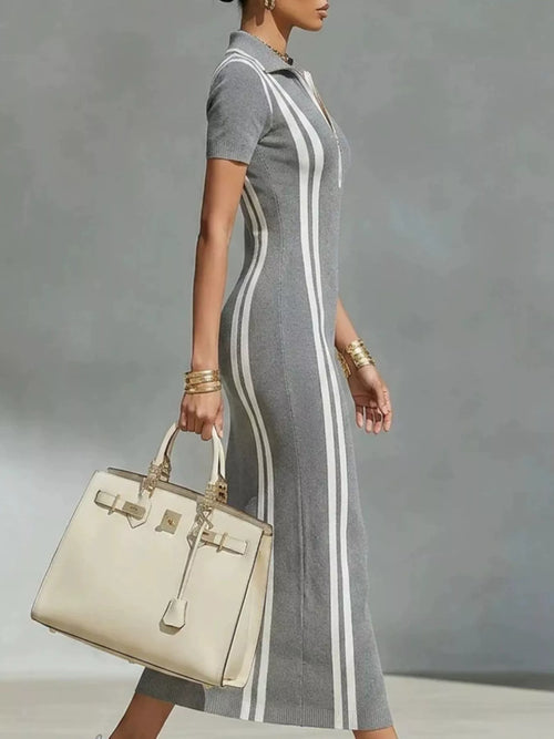 Full Size Contrast Stripes Short Sleeve Midi Dress Plus Size