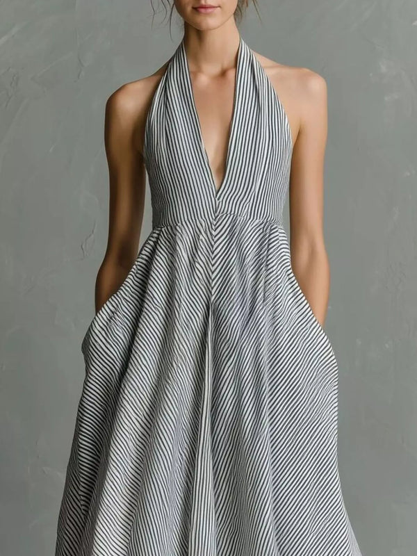 Full Size Striped Halter Neck Maxi Dress with Pockets Plus Size