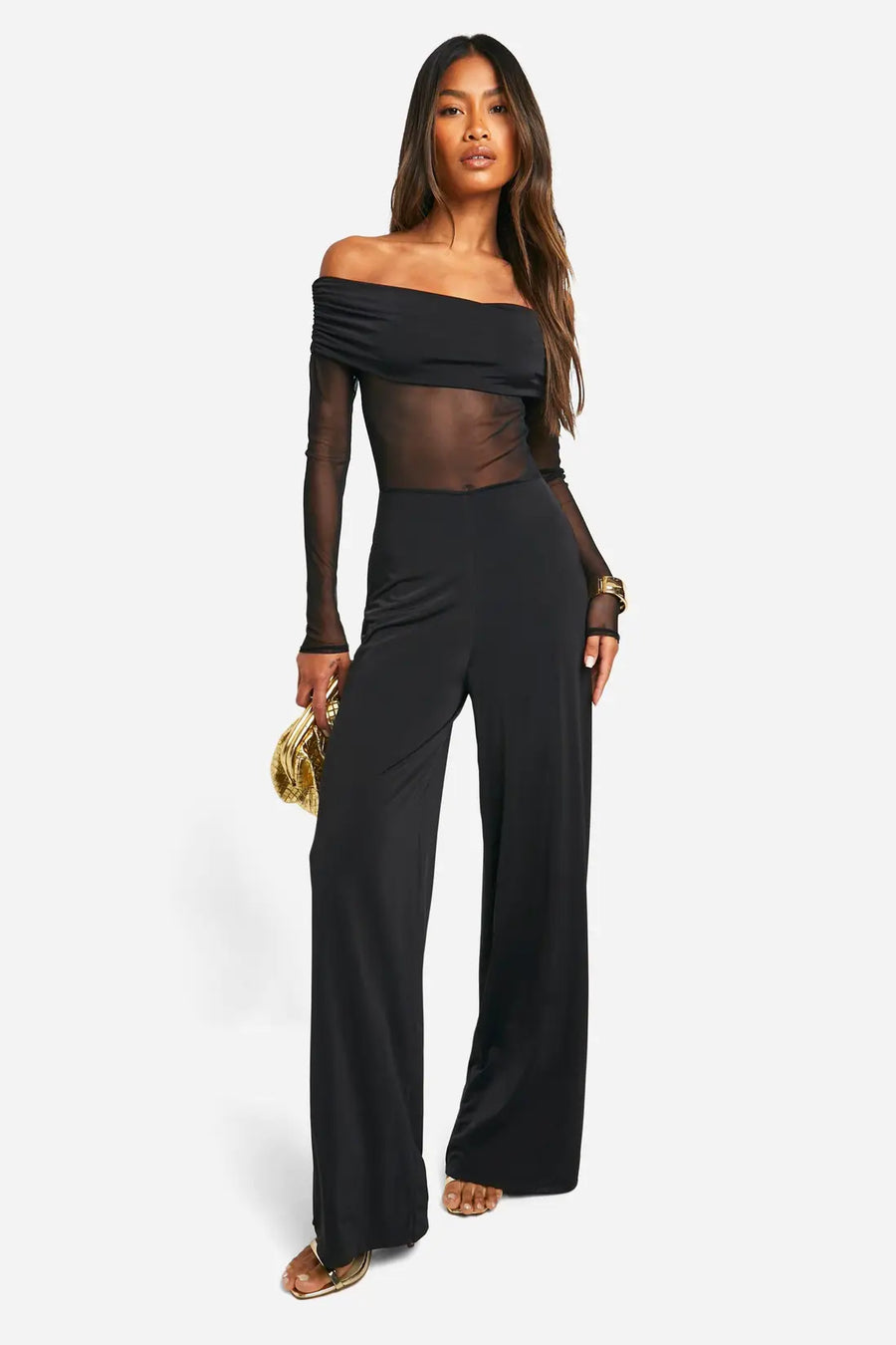 AMDA Mesh Off-Shoulder Maxi Dress