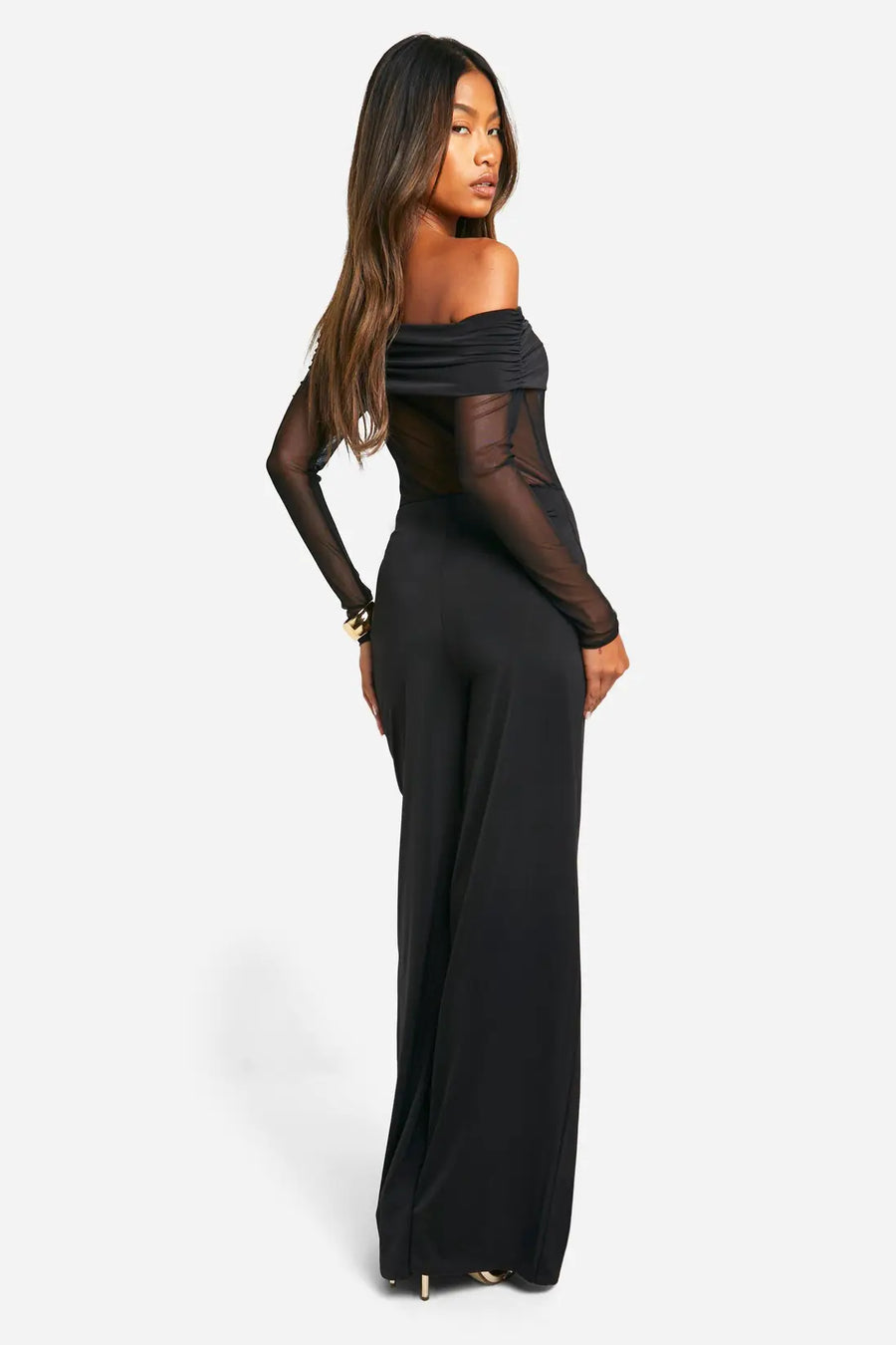 AMDA Mesh Off-Shoulder Maxi Dress