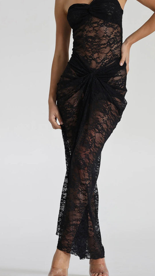 LACE Ruched Strapless Midi