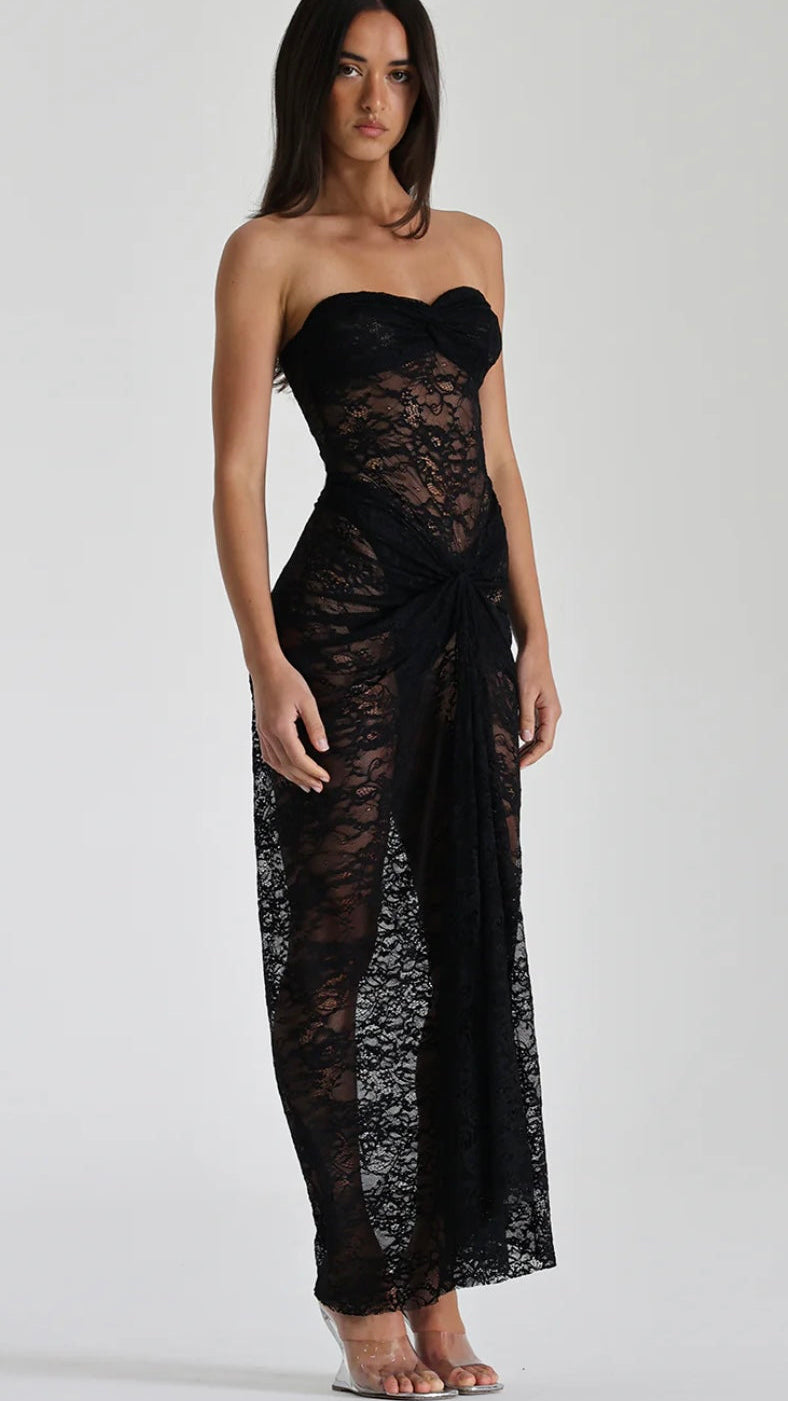 LACE Ruched Strapless Midi