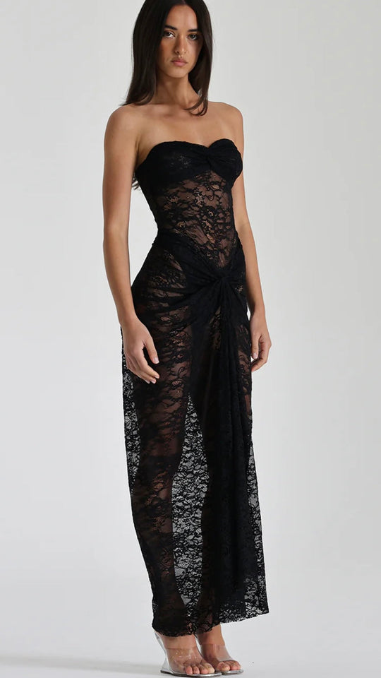 LACE Ruched Strapless Midi