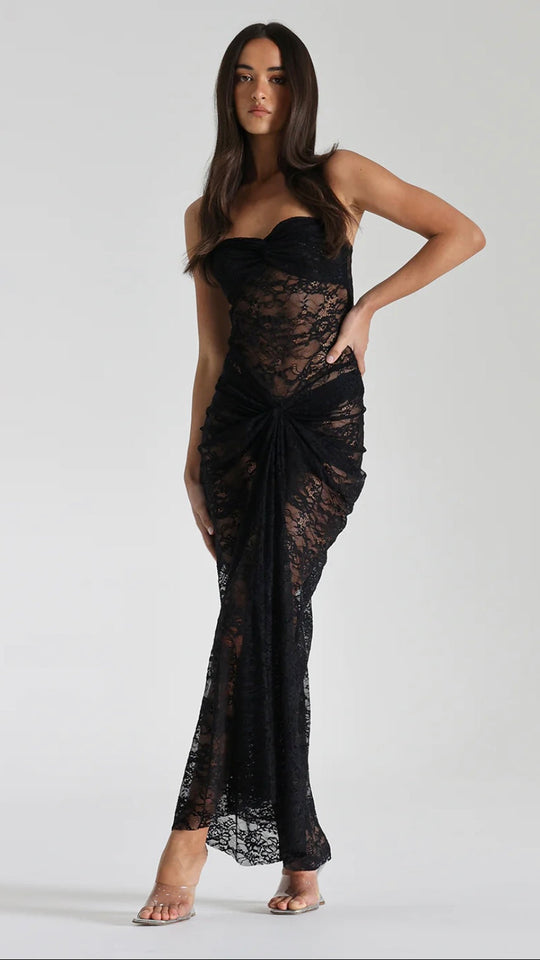LACE Ruched Strapless Midi
