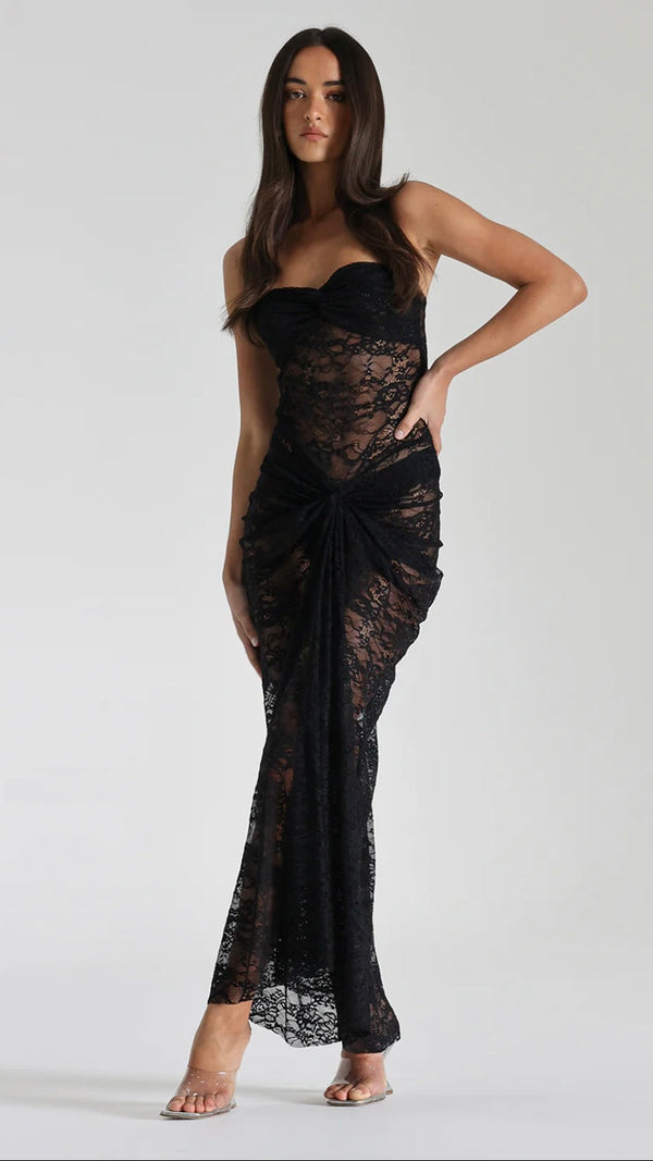 LACE Ruched Strapless Midi