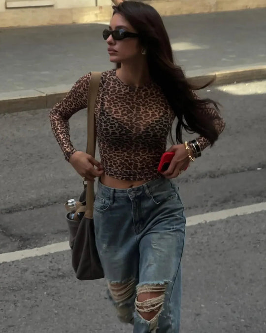 LEOLA Leopard Mesh Bodycon Top