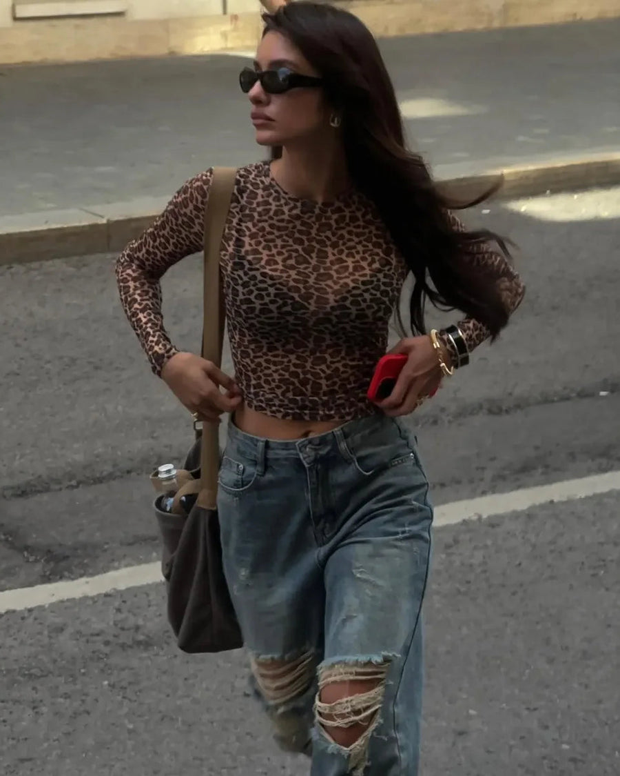 LEOLA Leopard Mesh Bodycon Top